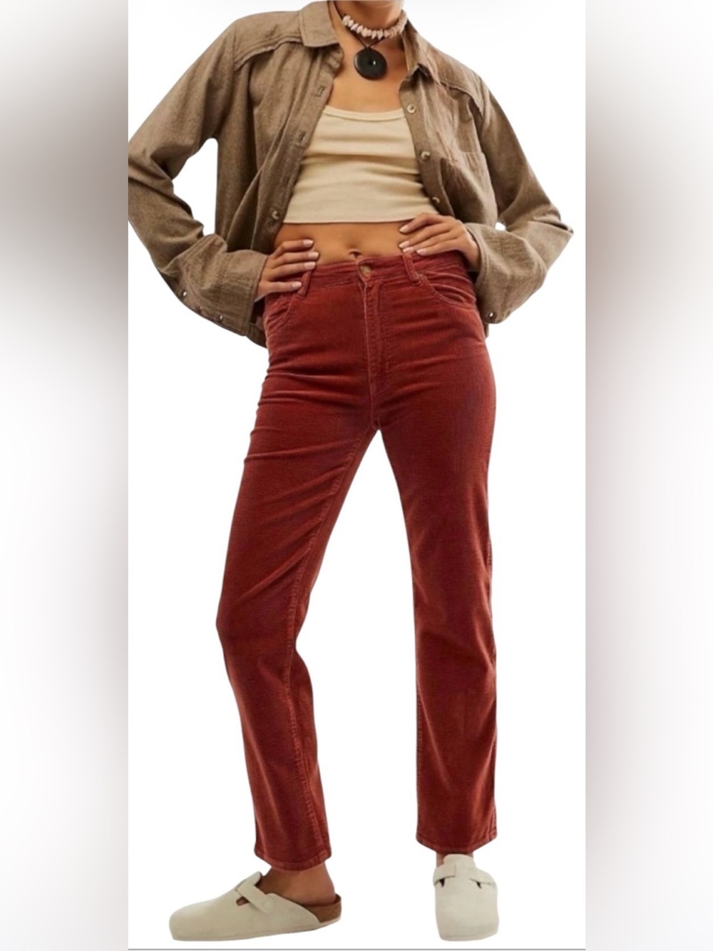 Free People ROLLA’S Straight High Rise Corduroy Pants Brick Red Brown Size 24